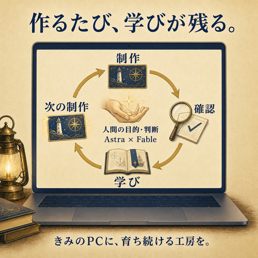 作るたび、学びが残る。制作確認学び次の制作人間の目的・判断Astra × FableきみのPCに、育ち続ける工房を。