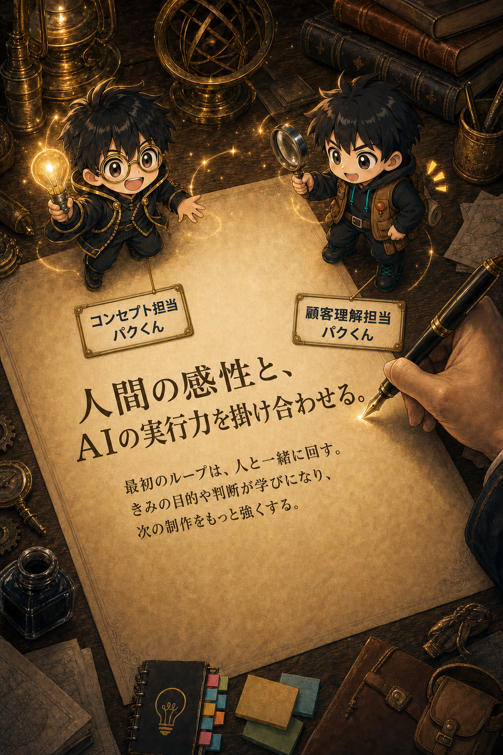 人間の感性と、AIの実行力を掛け合わせる。最初のループは、人と一緒に回す。きみの目的や判断が学びになり、次の制作をもっと強くする。コンセプト担当パクくん顧客理解担当パクくん