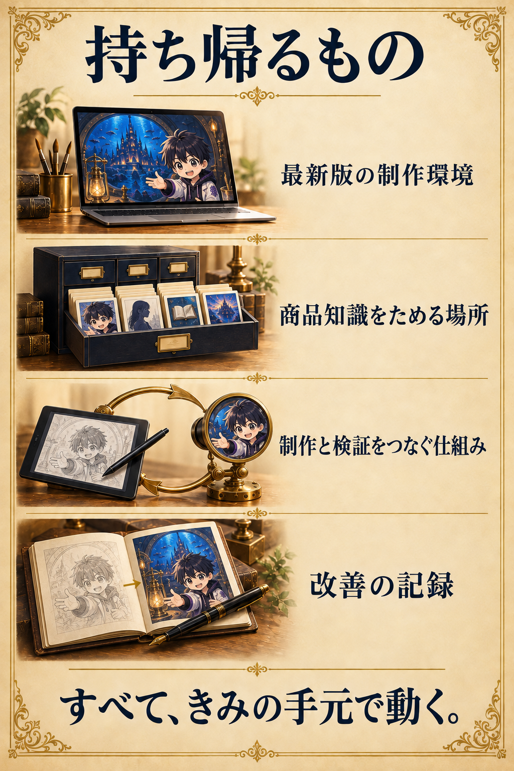 持ち帰るもの 最新版の制作環境 商品知識をためる場所 制作と検証をつなぐ仕組み 改善の記録 すべて、きみの手元で動く。