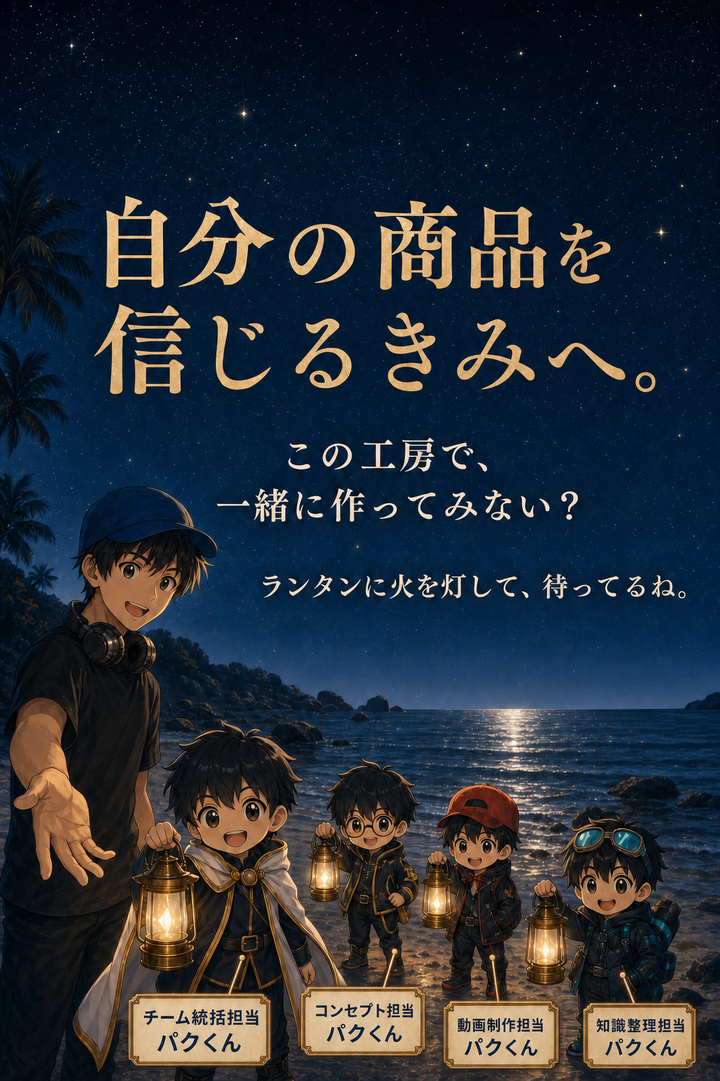 自分の商品を信じるきみへ。この工房で、一緒に作ってみない？ランタンに火を灯して、待ってるね。チーム統括担当パクくんコンセプト担当パクくん動画制作担当パクくん知識整理担当パクくん