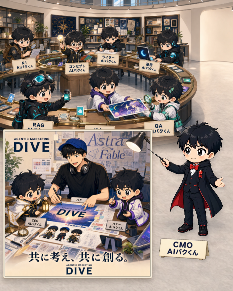 CMO AIパクくんの指揮と、DIVEの実際のバナー制作例。