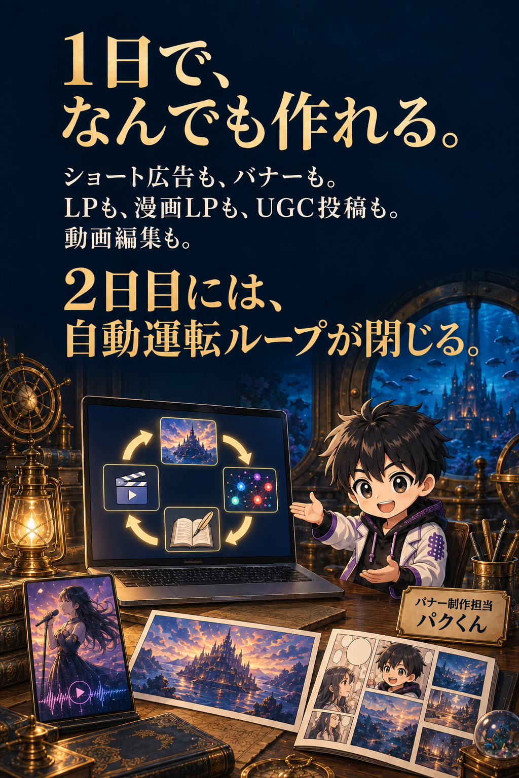 1日で、なんでも作れる。 ショート広告も、バナーも。 LPも、漫画LPも、UGC投稿も。 動画編集も。 2日目には、自動運転ループが閉じる。 バナー制作担当パクくん