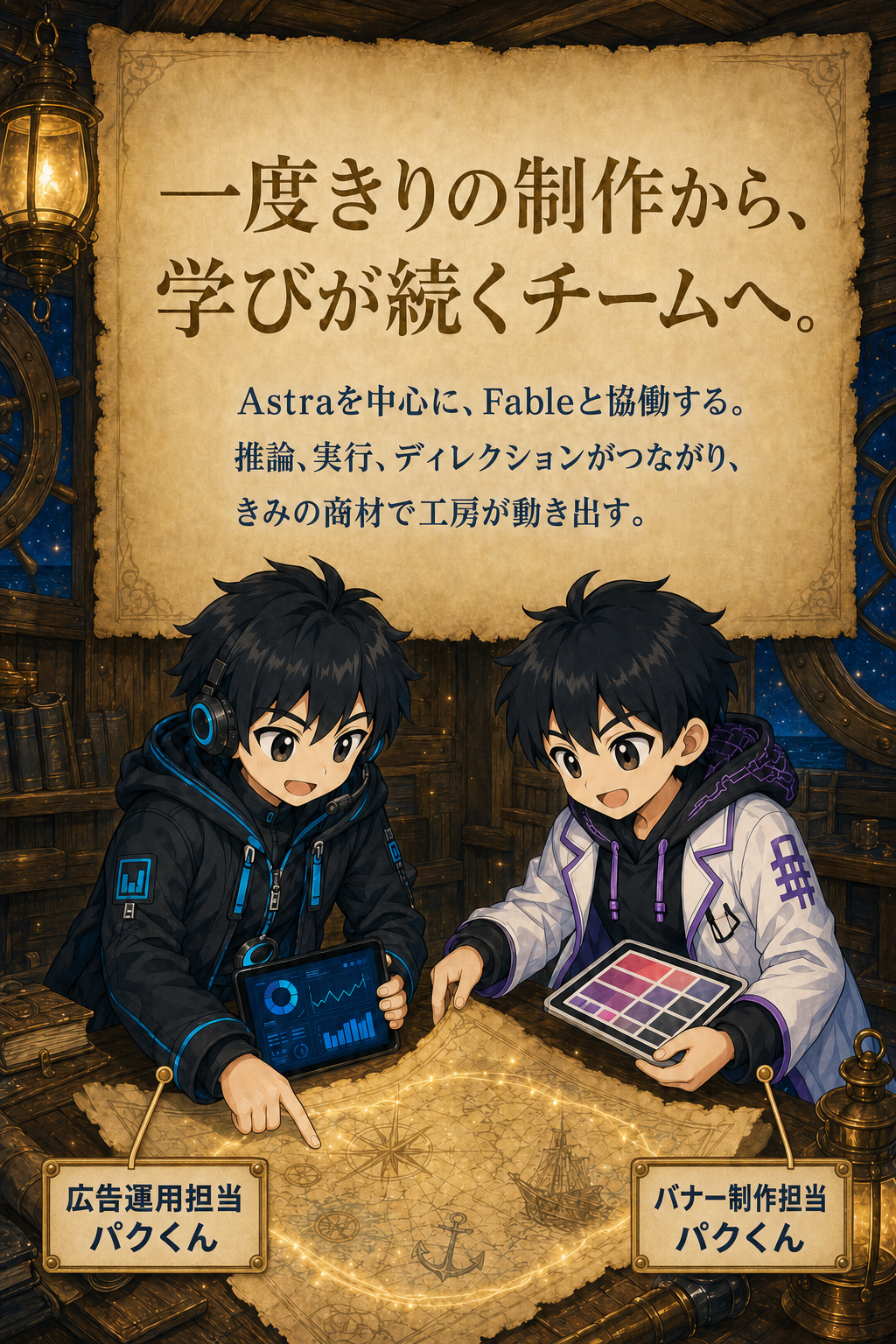 一度きりの制作から、学びが続くチームへ。Astraを中心に、Fableと協働する。推論、実行、ディレクションがつながり、きみの商材で工房が動き出す。広告運用担当パクくんバナー制作担当パクくん