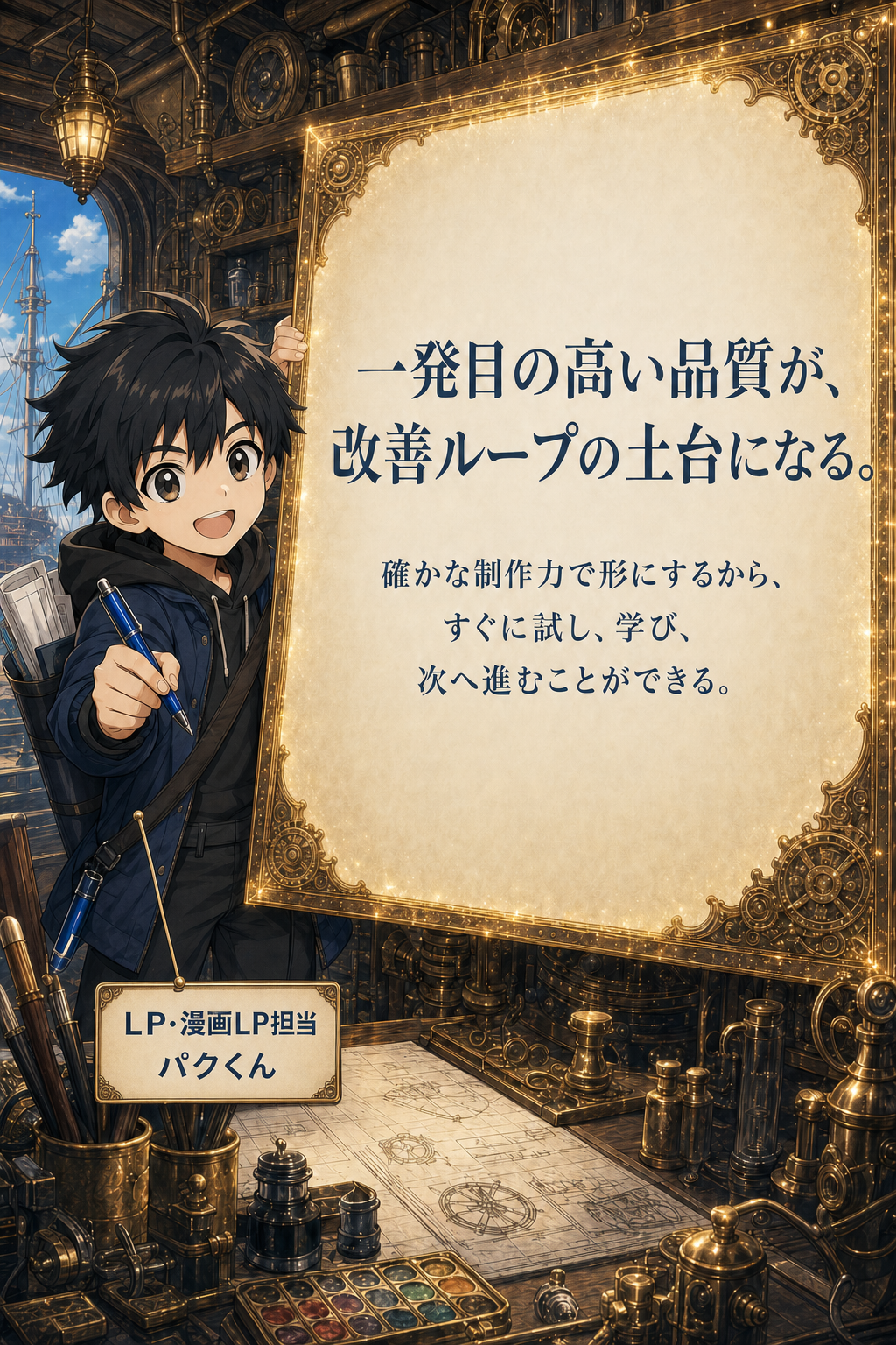 一発目の高い品質が、改善ループの土台になる。確かな制作力で形にするから、すぐに試し、学び、次へ進むことができる。LP・漫画LP担当パクくん