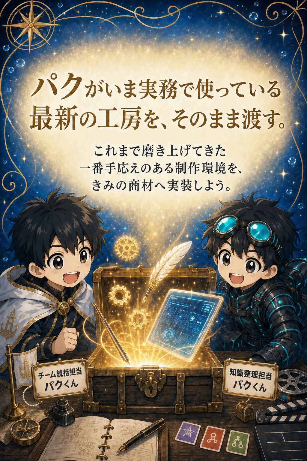 パクがいま実務で使っている最新の工房を、そのまま渡す。これまで磨き上げてきた一番手応えのある制作環境を、きみの商材へ実装しよう。チーム統括担当パクくん知識整理担当パクくん