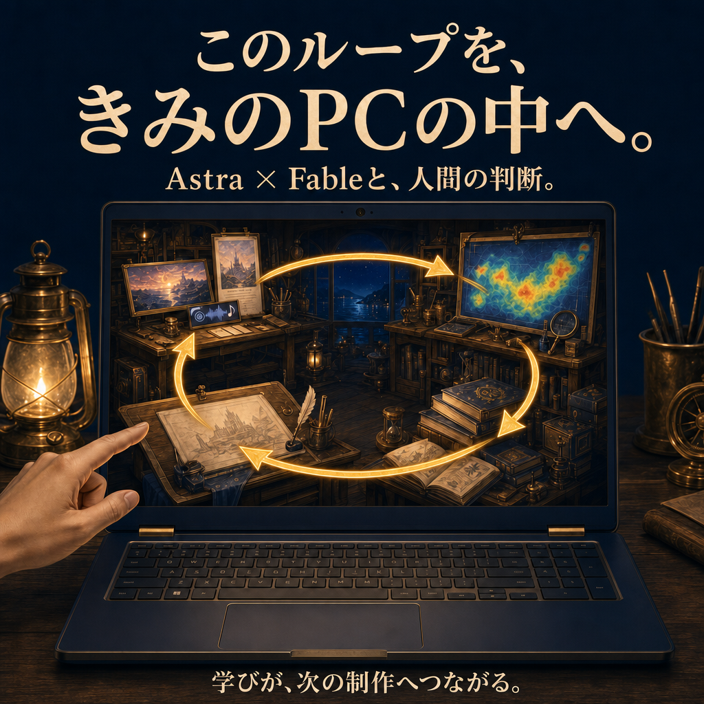 このループを、きみのPCの中へ。Astra × Fableと、人間の判断。学びが、次の制作へつながる。
