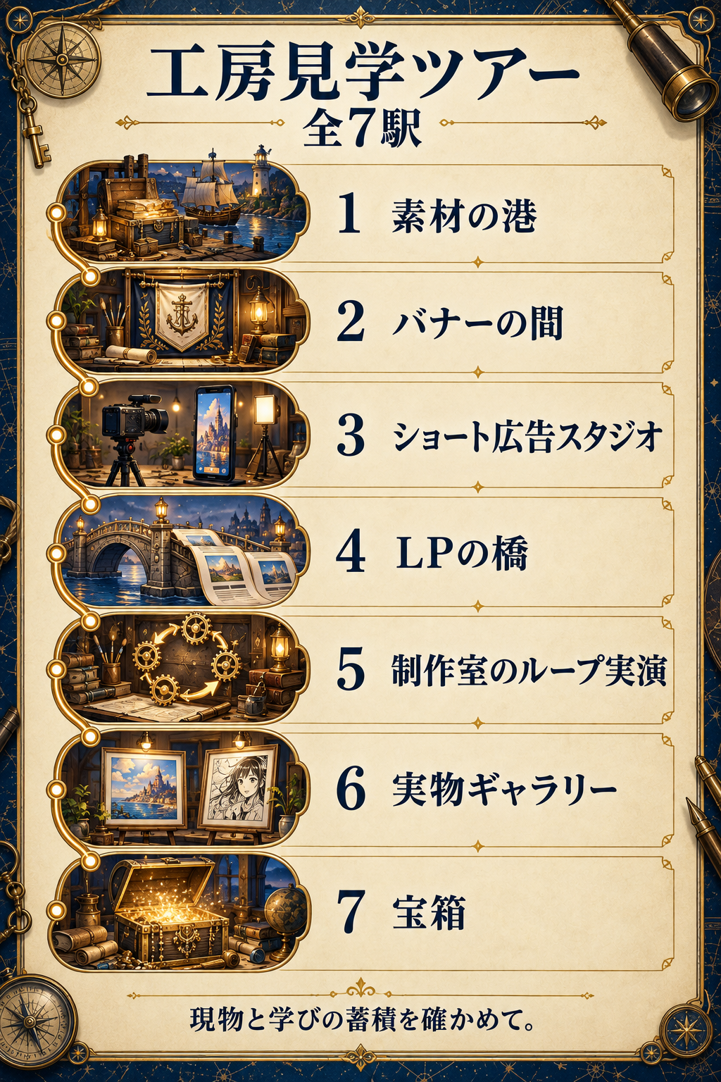 工房見学ツアー 全7駅 1　素材の港 2　バナーの間 3　ショート広告スタジオ 4　LPの橋 5　制作室のループ実演 6　実物ギャラリー 7　宝箱 現物と学びの蓄積を確かめて。
