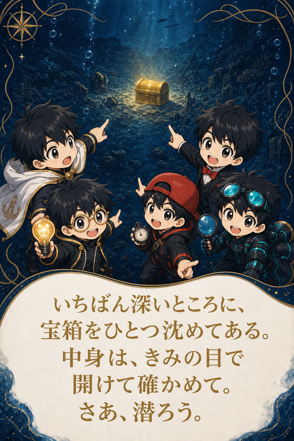 いちばん深いところに、宝箱をひとつ沈めてある。中身は、きみの目で開けて確かめて。さあ、潜ろう。
