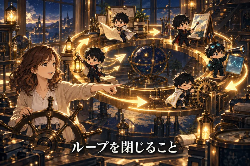 舵を取るマーケターと、輪になって働くAIパクくんたち。ループを閉じること